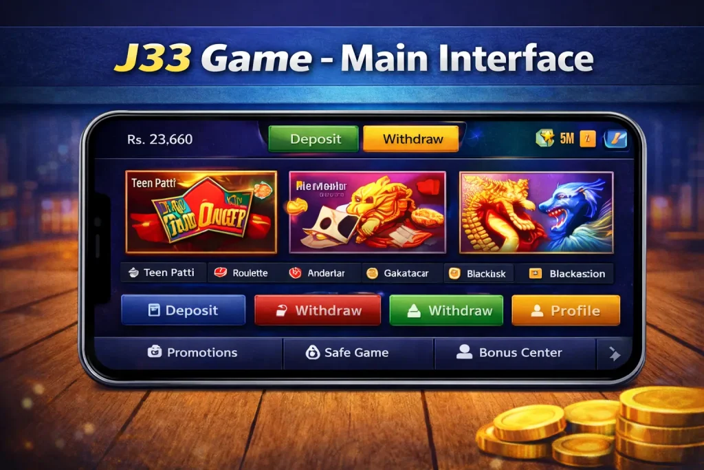 J33 Game app main interface dashboard showing casino games and wallet options