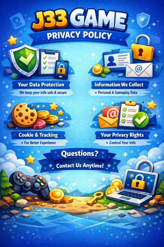 J33 Game privacy policy image showing data protection, user privacy, cookies and security features