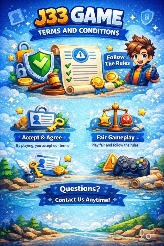 J33 Game terms and conditions image showing user rules, fair gameplay policy, account responsibility and platform guidelines
